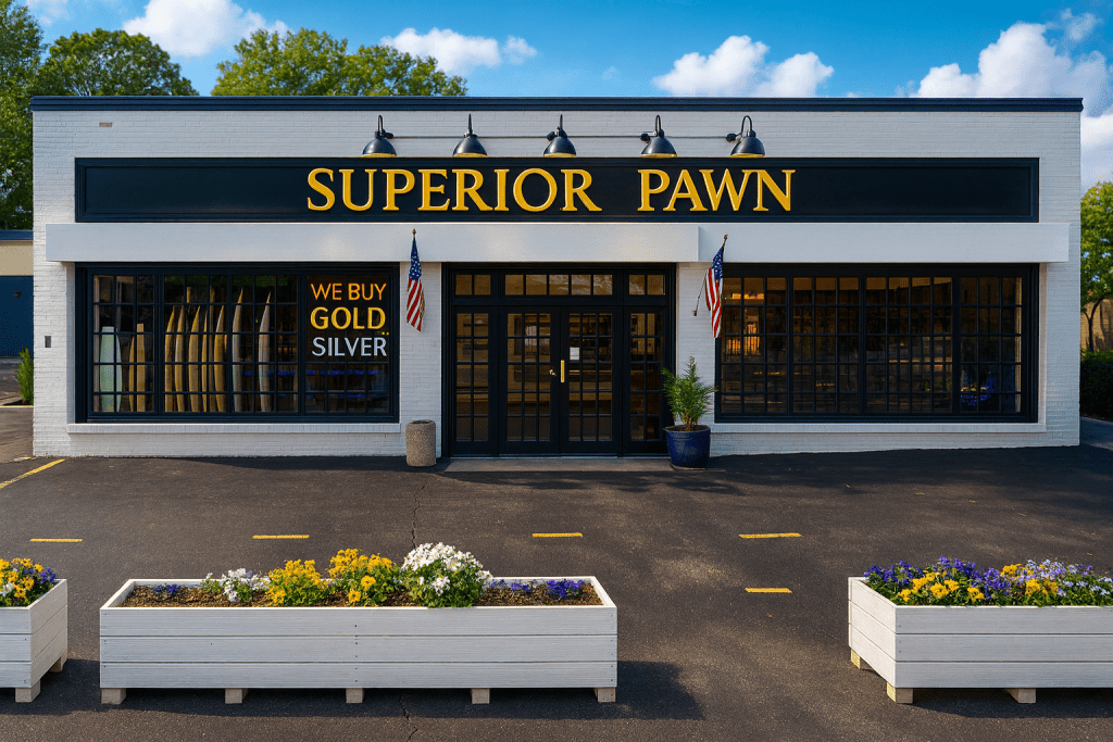 Exterior view of a pawn shop named 'Superior Pawn' with a sign indicating 'WE BUY GOLD SILVER'. The building features large windows and is surrounded by flower planters, under a clear blue sky.